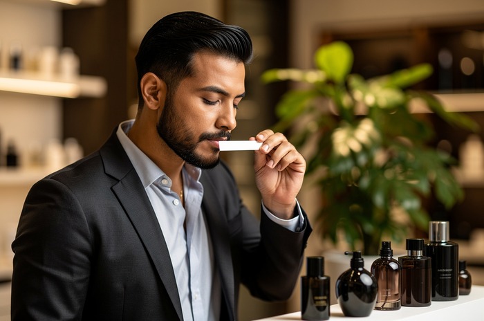 Blog Qwintry, imagem 1 Homem de blazer cheira uma tira de teste de perfume