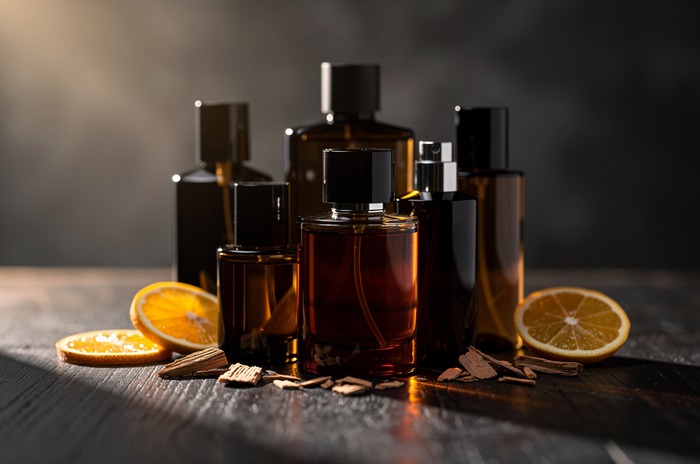 Dez perfumes masculinos que todo mundo comenta - Blog Qwintry, imagem 1 Frascos de perfume masculino com fatias de laranja e lascas de madeira