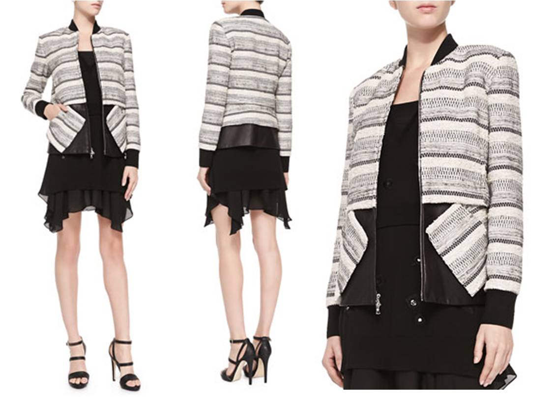 THAKOON ADDITION (Zip-Front Tweed & Leather Jacket & V-Neck Dress W/ Embellished Flower Front)
