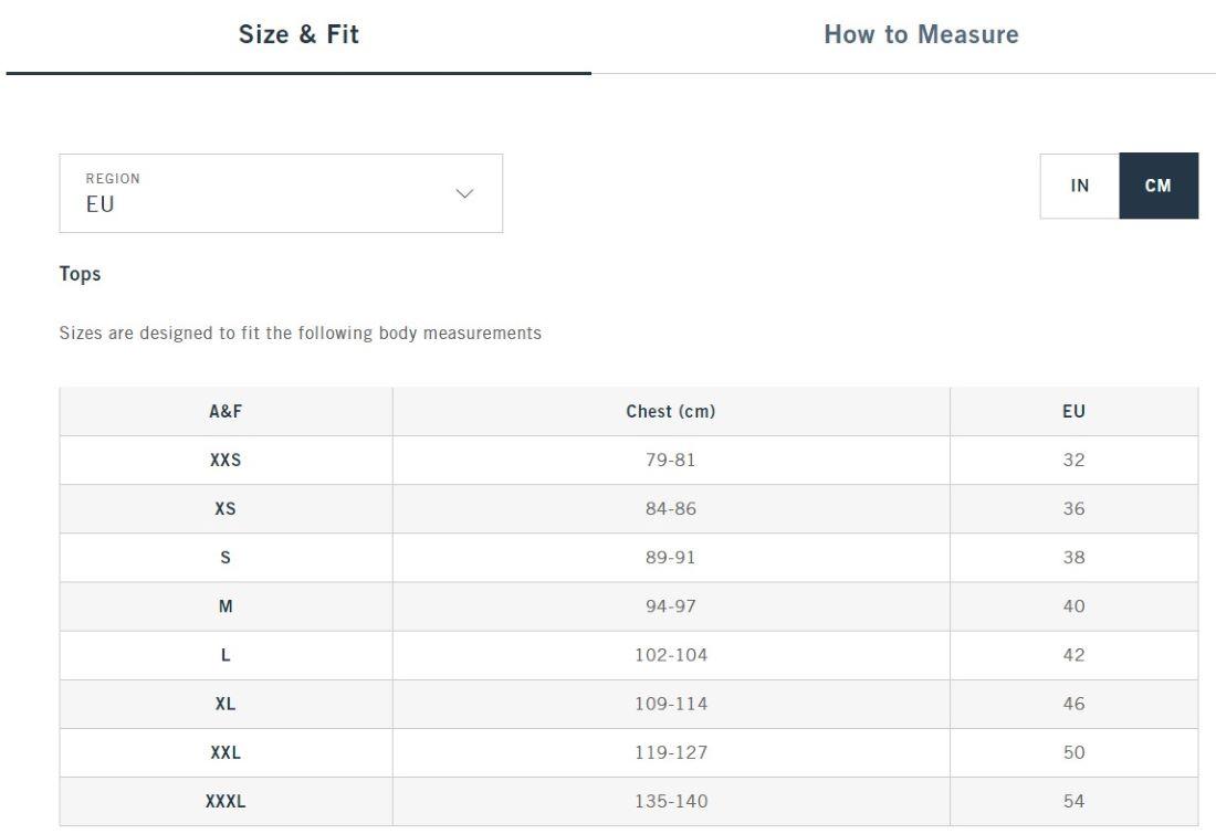 Abercrombie & Fitch размерная сетка